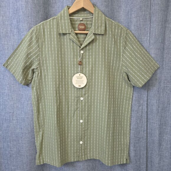 NWT COMMON PEOPLE Harris Shirt Linen Blend SS Sage Green Stripe Mens S MSRP $179 - Picture 1 of 13